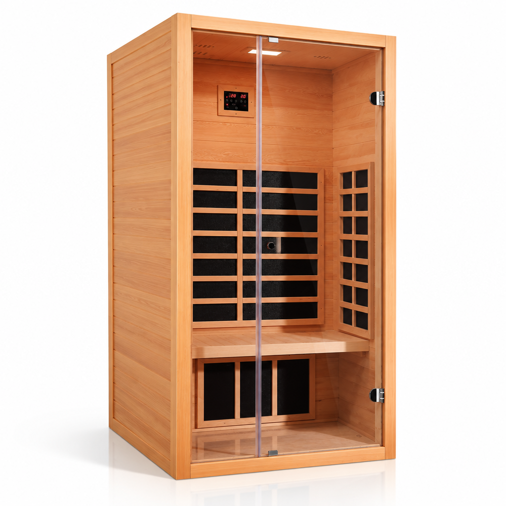 1 Person Extendable FAR Infrared Sauna for Home, Hemlock Wood Low EMF 6 Carbon Heaters Indoor Saunas with LED Lights, Bluetooth Speaker, Digital Control Panel, and Seating Bench