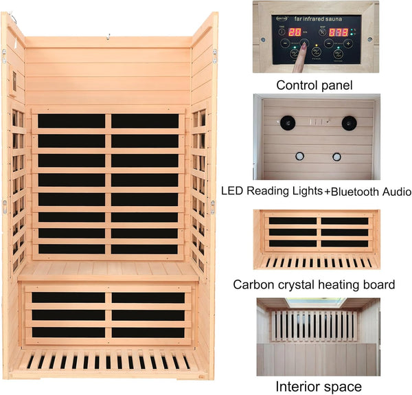 2 Person Low EMF Far Infrared Sauna, 5 Heating Panels, 1500W/120V, Canadian Hemlock Indoor Sauna with Bluetooth Speakers, Reading Lights, Roof Vent, Tempered Glass