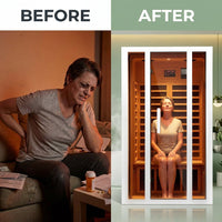 2 Person Extendable FAR Infrared Sauna for Home, Hemlock Wood Low EMF 6 Carbon Heaters Indoor Saunas with LED Lights, Bluetooth Speaker, Digital Control Panel, and Seating Bench — Before & After