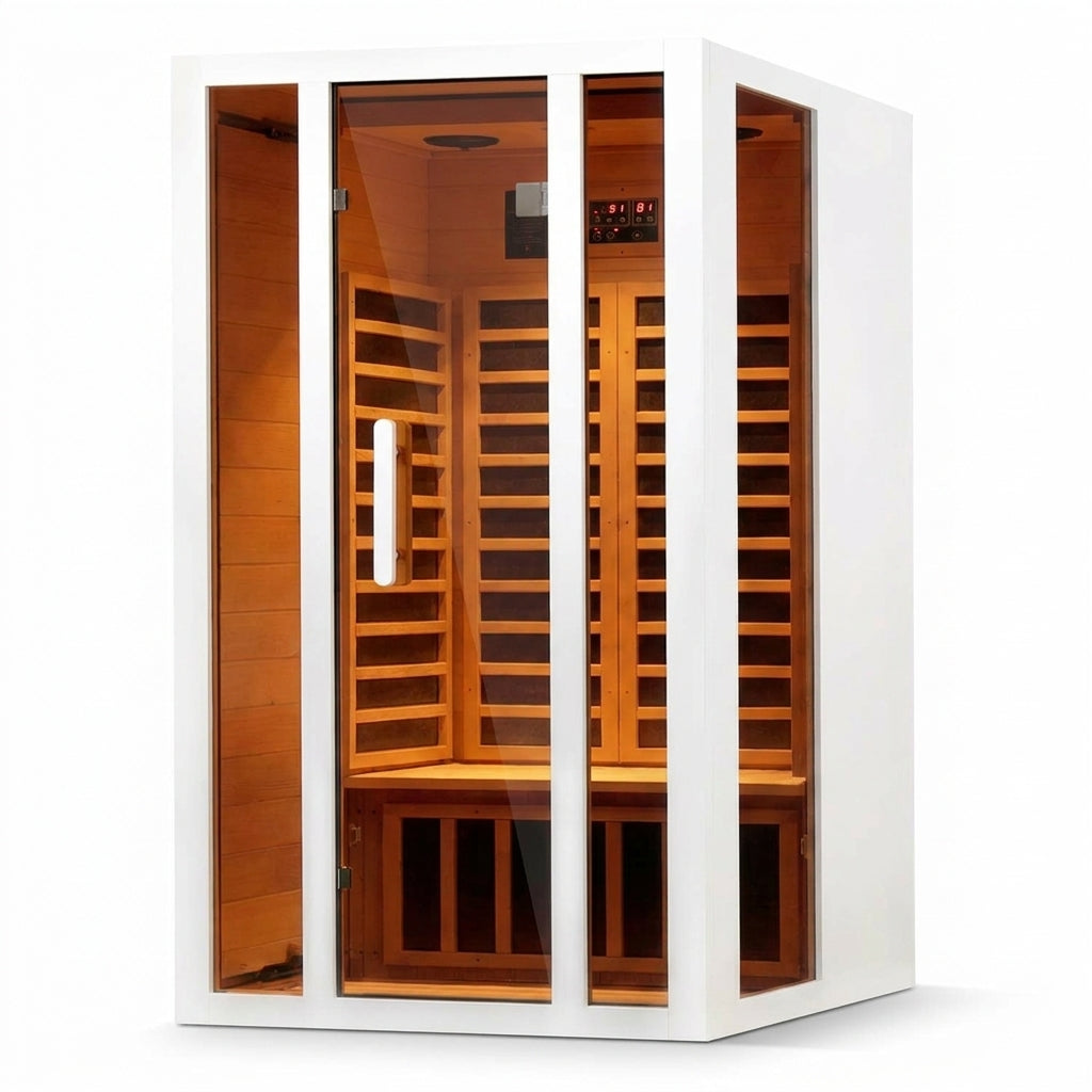 2 Person Extendable FAR Infrared Sauna for Home, Hemlock Wood Low EMF 6 Carbon Heaters Indoor Saunas with LED Lights, Bluetooth Speaker, Digital Control Panel, and Seating Bench — Studio Shot