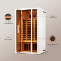 2 Person Extendable FAR Infrared Sauna for Home, Hemlock Wood Low EMF 6 Carbon Heaters Indoor Saunas with LED Lights, Bluetooth Speaker, Digital Control Panel, and Seating Bench — infographic