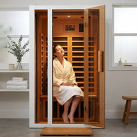 2 Person Extendable FAR Infrared Sauna for Home, Hemlock Wood Low EMF 6 Carbon Heaters Indoor Saunas with LED Lights, Bluetooth Speaker, Digital Control Panel, and Seating Bench — Lifestyle