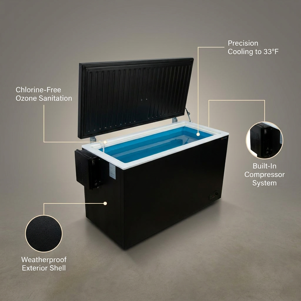 Cold Plunge Tub Designed for Daily Recovery, Built-In Cooling, Ozone Sanitization, Weatherproof Design — infographic